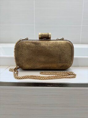Halston Heritage Speckled Gold Hard Case Clutch Removable Shoulder Chain